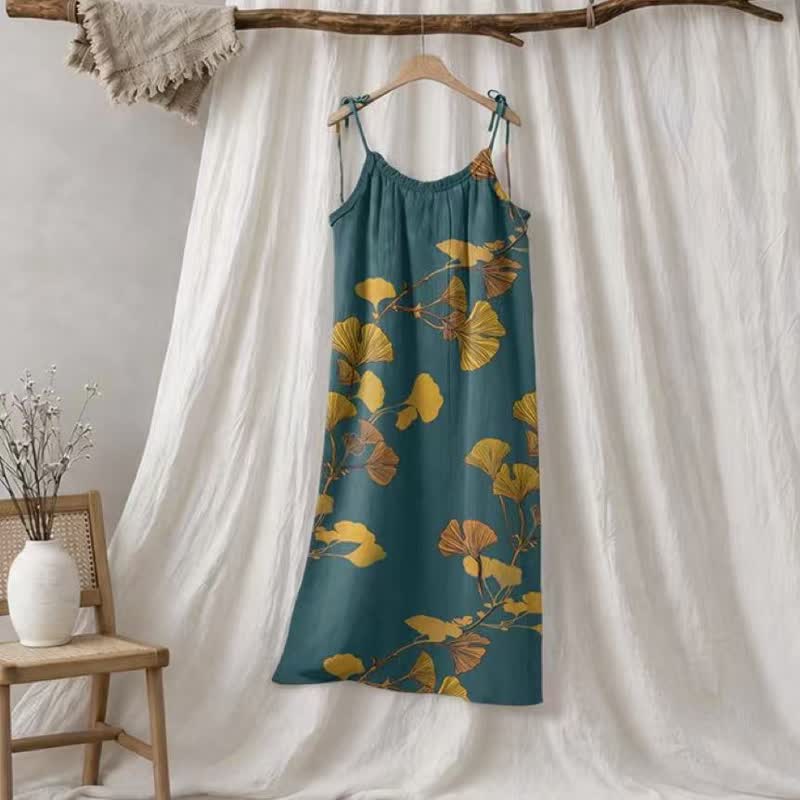 Ownkoti Ginkgo Leaf Tie Strap Maxi Lounge Dress - Green & Orange - L - image 5
