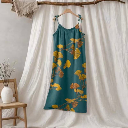 Ownkoti Ginkgo Leaf Tie Strap Maxi Lounge Dress - Green & Orange - L - image 5