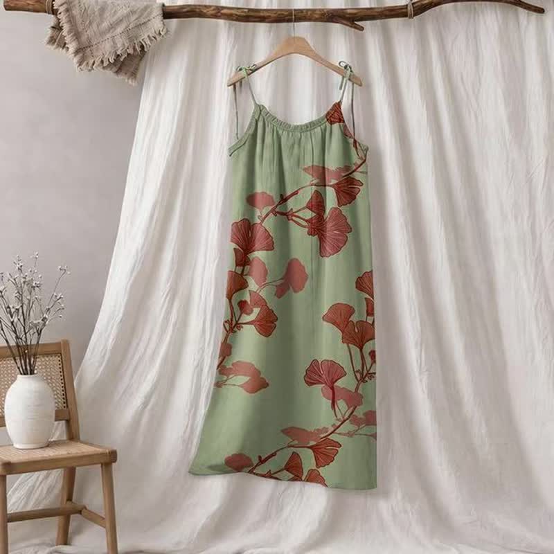 Ownkoti Ginkgo Leaf Tie Strap Maxi Nightgown - Green & Red - XL - image 10