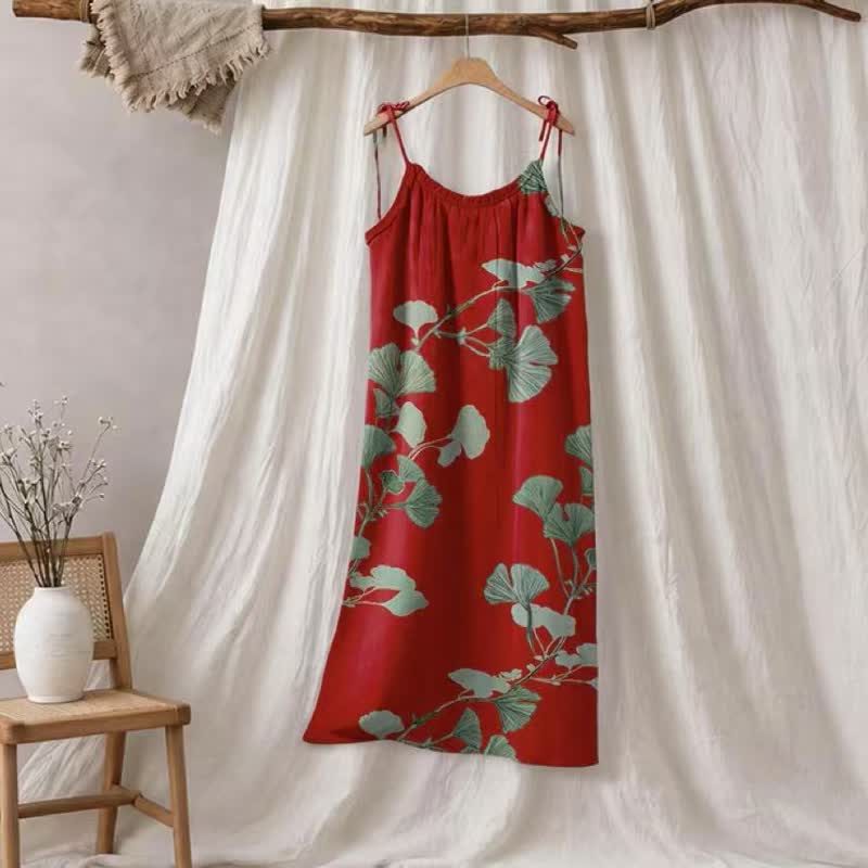 Ownkoti Ginkgo Leaf Tie Strap Maxi NightDress - Red & Green - XL - image 4