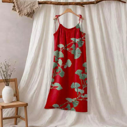 Ownkoti Ginkgo Leaf Tie Strap Maxi Nightgown - Red & Green - XL - image 0