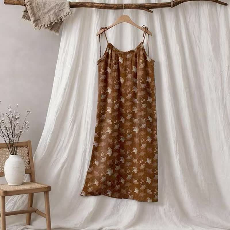Ownkoti Ginkgo Floral Tie Strap Lounge Dress - Coffee & Beige - XL - image 30