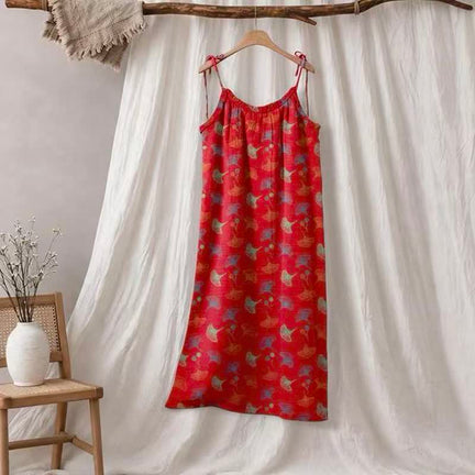 Ownkoti Ginkgo Floral Tie Strap Lounge Dress - Red & Green - XL - image 0
