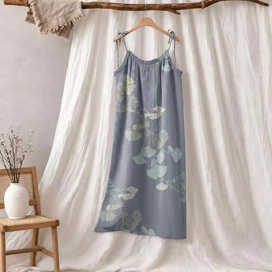 Ownkoti Ginkgo Leaf Tie Strap Cotton Lounge Midi Dress - Blue & Light Green - XL - image 0