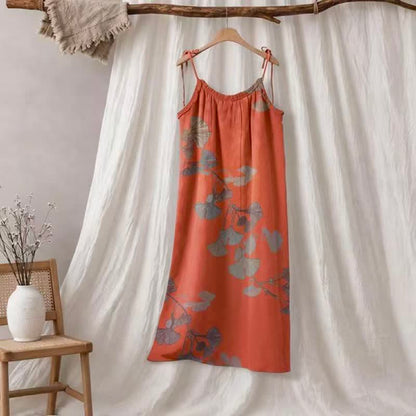 Ownkoti Ginkgo Leaf Tie Strap Cotton Lounge Midi Dress - Orange & Green - XL - image 10