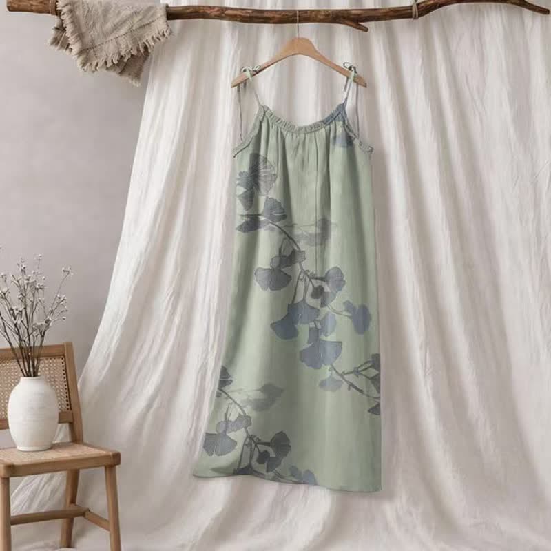 Ownkoti Ginkgo Leaf Tie Strap Cotton Lounge Midi Dress - Light Green & Blue - XL - image 5