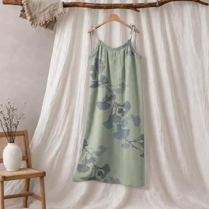 Ownkoti Ginkgo Leaf Tie Strap Cotton Lounge Midi Dress - Light Green & Blue - XL - image 5