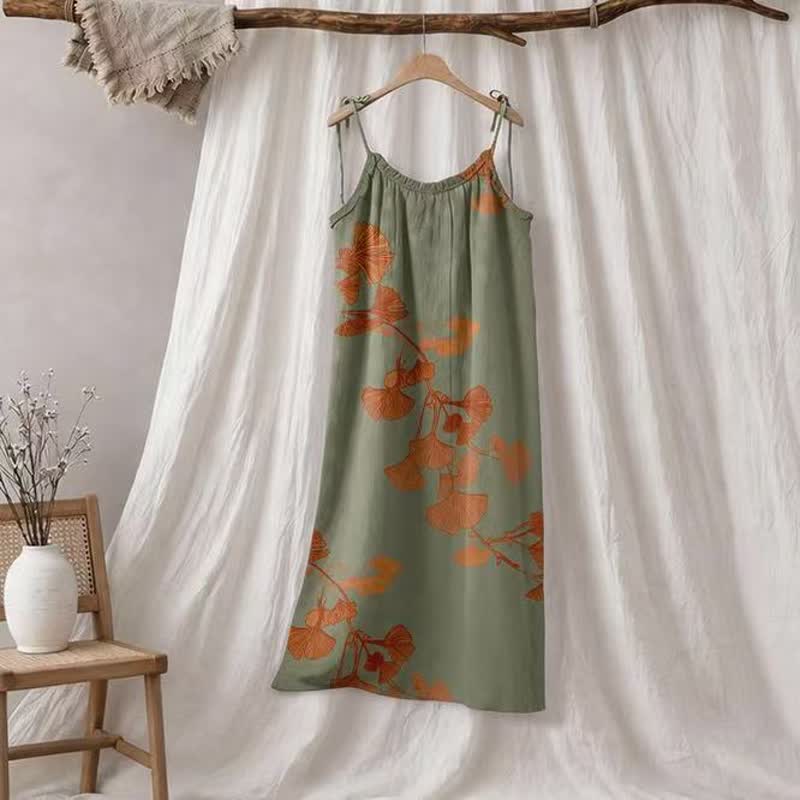 Ownkoti Ginkgo Leaf Tie Strap Cotton Lounge Midi Dress - Green & Orange - XL - image 15