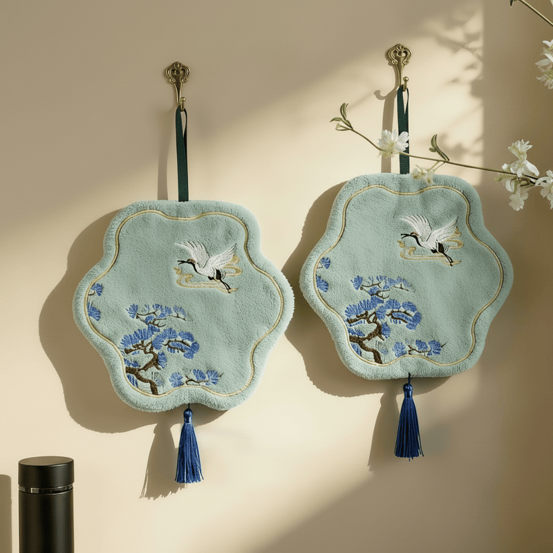 Ownkoti Crane and Pine Coral Fleece Hand Towel - Green - 11'' × 11'' - 2 PCS - image 0