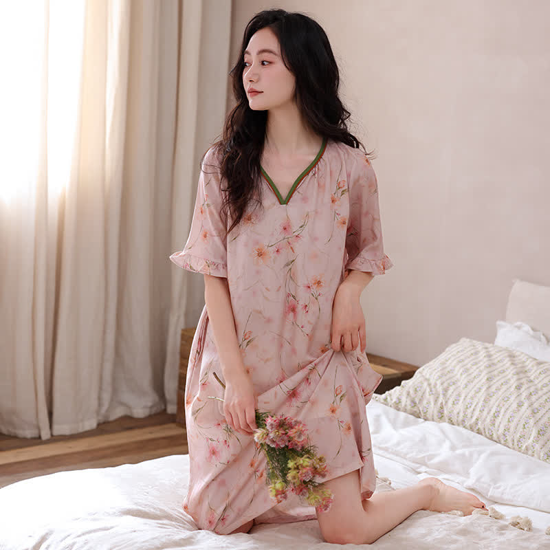 Ownkoti Floral Lyocell V Neck Ruffle Sleeve Lounge Dress - image 1