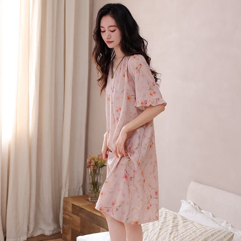 Ownkoti Floral Lyocell V Neck Ruffle Sleeve Lounge Dress - image 3