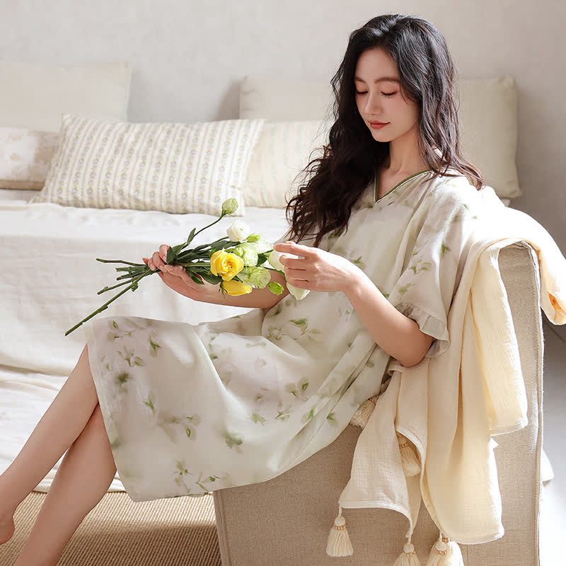 Ownkoti Romantic Floral Lyocell V-Neck Lounge Sleep Dress - image 1