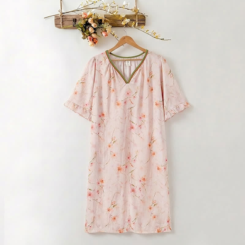 Ownkoti Floral Lyocell V Neck Ruffle Sleeve Lounge Dress - LightPink - XXXL - image 0