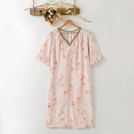Ownkoti Floral Lyocell V Neck Ruffle Sleeve Lounge Dress - LightPink - XXXL - image 0