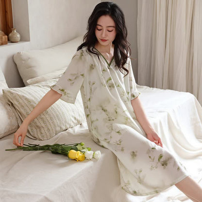 Ownkoti Romantic Floral Lyocell V-Neck Lounge Sleep Dress - image 2