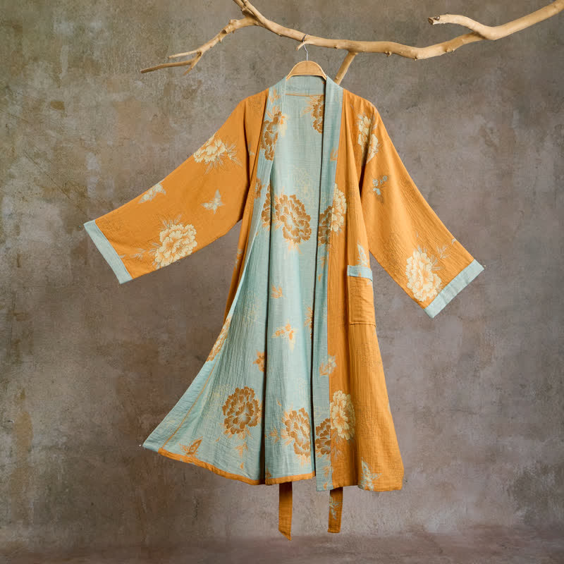 Ownkoti Yellow Peony Cotton Gauze Kimono Robe - Yellow - XL - image 0