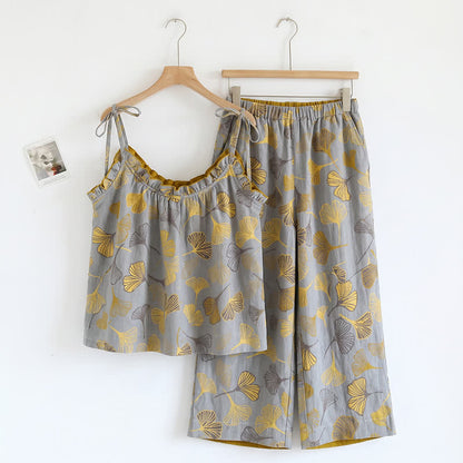 Ownkoti Ginkgo Leaf Print Tie-Shoulder Loungewear Set - Light Grey & Dark Yellow - XL - image 3