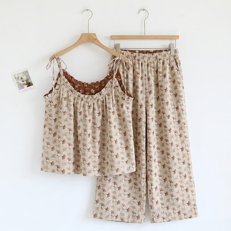Ownkoti Romantic Floral Cami & Pants Lounge Set - Beige & Coffee - XL - image 3