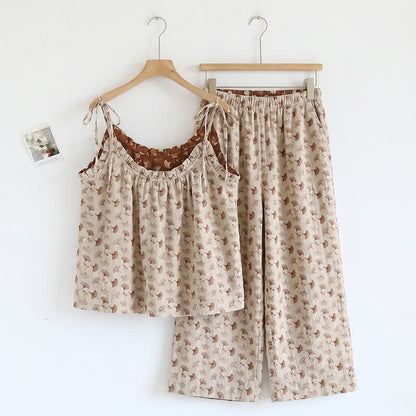 Ownkoti Romantic Floral Cami & Pants Lounge Set - Beige & Coffee - XL - image 3