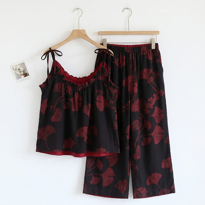 Ownkoti Botanical Leaf Cami & Pants Loungewear Set - Black & Red - XL - image 3