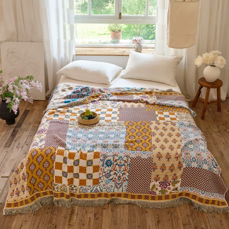 Ownkoti Reversible Boho Patchwork Muslin Blanket Quilt - image 2