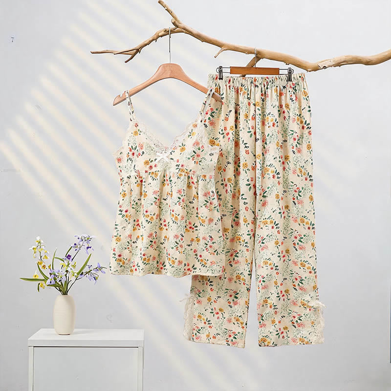 Ownkoti Romantic Floral Cami and Ankle Pants Lounge Set - FloralWhite - XXL - image 0