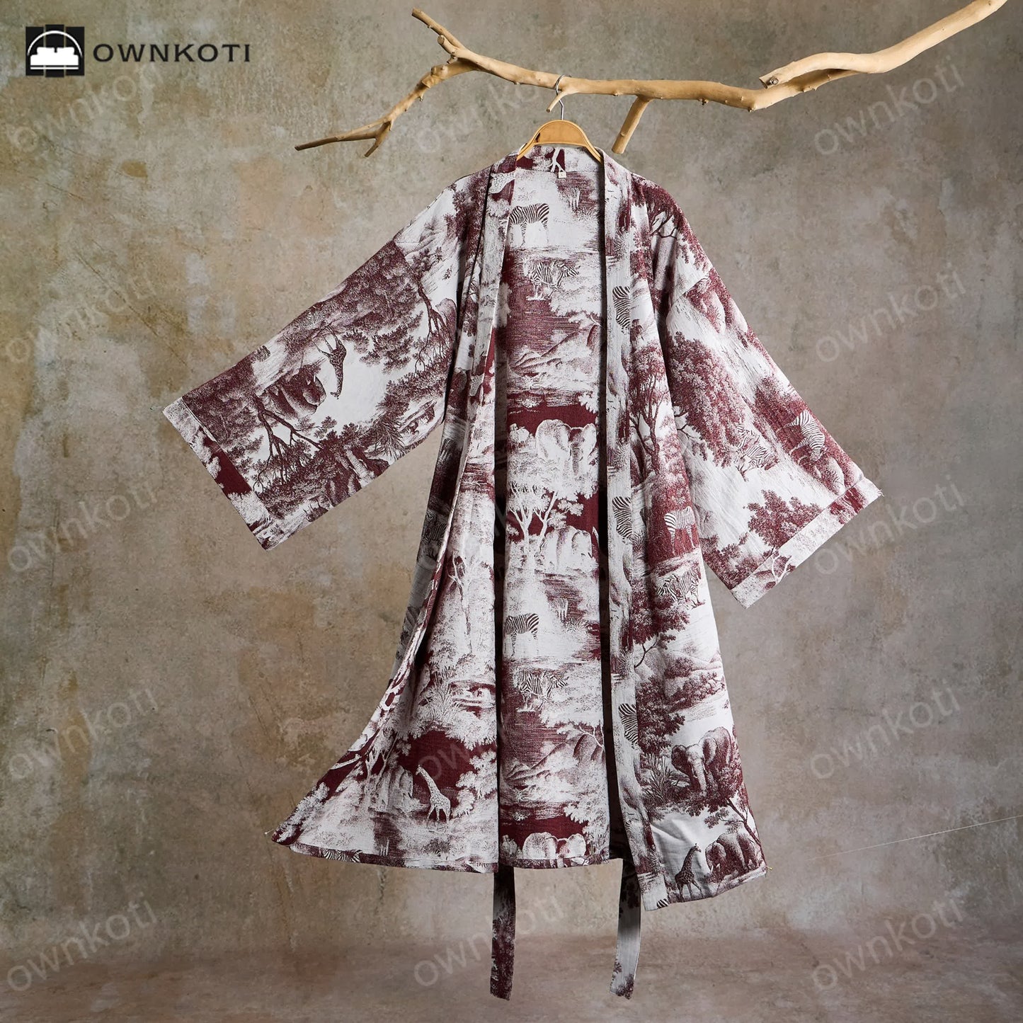 Ownkoti Toile Print Cotton Kimono Robe - Coffee - 2XL - image 10