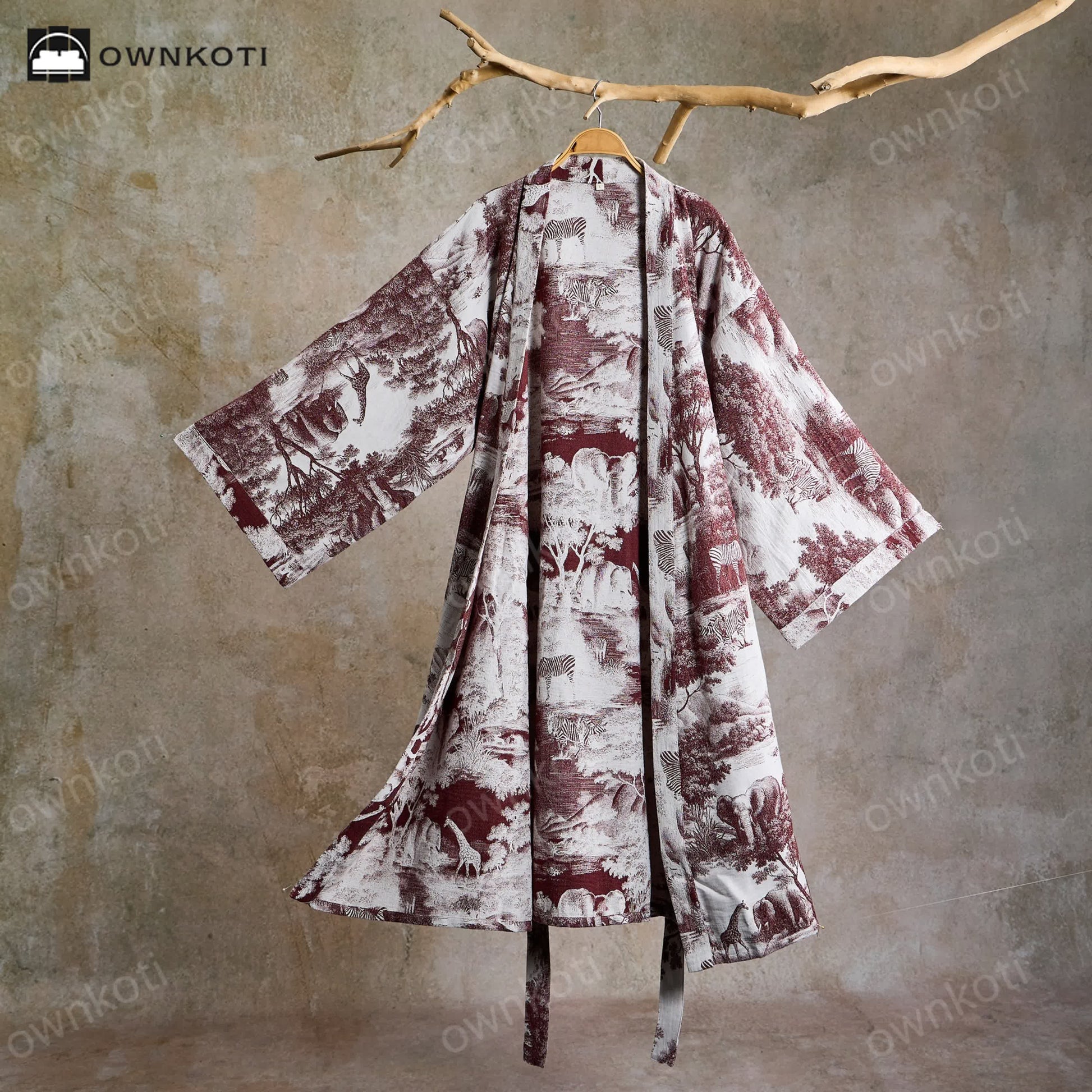 Ownkoti Toile Print Cotton Kimono Robe - Coffee - 2XL - image 10