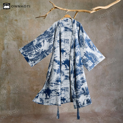 Ownkoti Toile Print Cotton Kimono Robe - Blue - 2XL - image 0