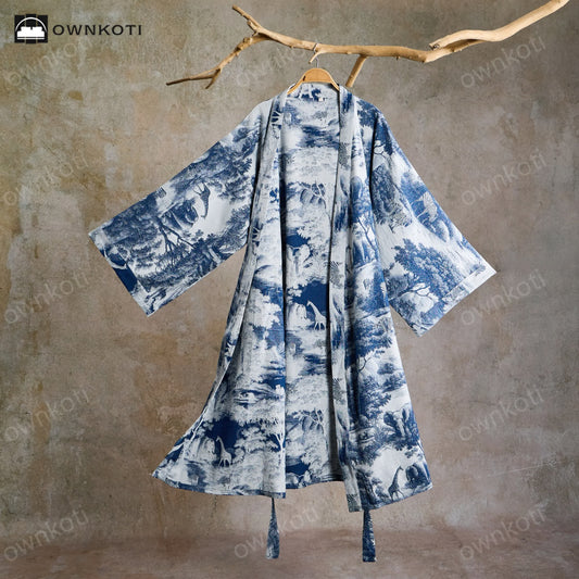 Ownkoti Toile Print Cotton Kimono Robe - Blue - 2XL - image 0