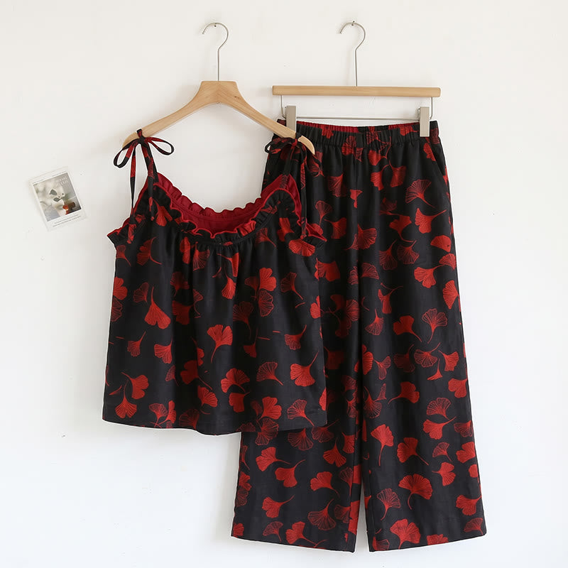 Ownkoti Golden Ginkgo Leaf Cami Pajama Set - Black & Red - XL - image 6