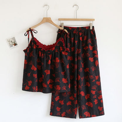 Ownkoti Ginkgo Leaf Print Tie-Shoulder Loungewear Set - Black & Red - XL - image 6