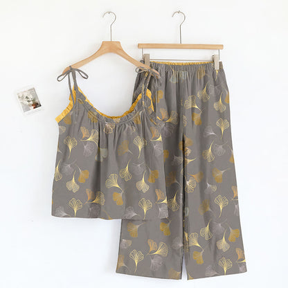 Ownkoti Ginkgo Leaf Print Tie-Shoulder Loungewear Set - Dark Grey & Yellow - XL - image 9