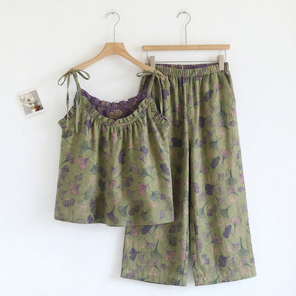 Ownkoti Golden Ginkgo Leaf Cami Pajama Set - Green & Purple - XL - image 12