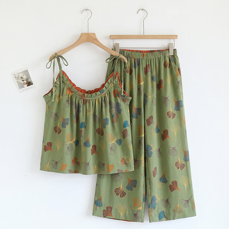 Ownkoti Golden Ginkgo Leaf Cami Pajama Set - Green & Red - XL - image 15