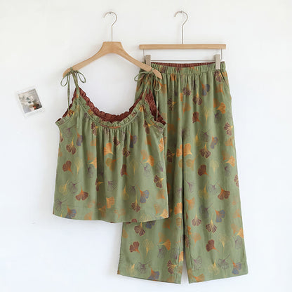 Ownkoti Golden Ginkgo Leaf Cami Pajama Set - Green & Wine - XL - image 18
