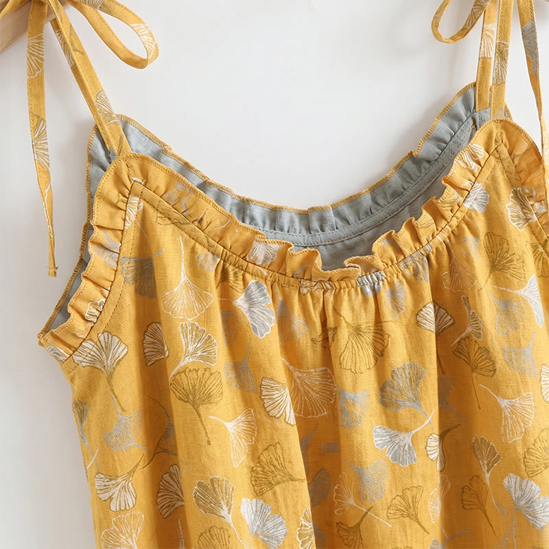 Ownkoti Ginkgo Leaf Print Tie-Shoulder Loungewear Set - image 1