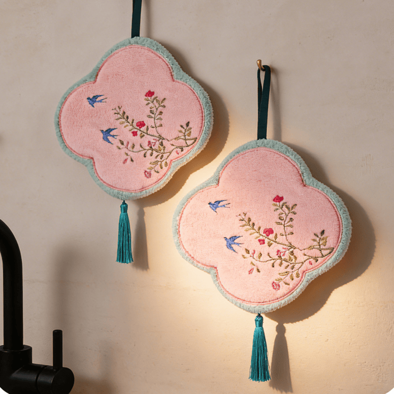 Ownkoti Bird & Floral Coral Fleece Hand Towel - LightPink - 9'' × 9'' - 2 PCS - image 0