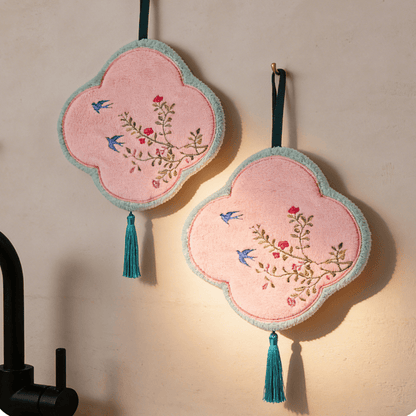 Ownkoti Bird & Floral Coral Fleece Hand Towel - LightPink - 9'' × 9'' - 2 PCS - image 0