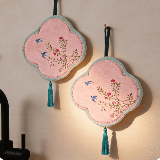 Ownkoti Bird & Floral Coral Fleece Hand Towel - LightPink - 9'' × 9'' - 2 PCS - image 0
