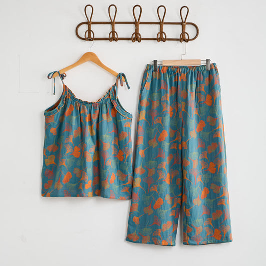 Ownkoti Ginkgo Cami Top & Pants Pajama Set - Blue & Orange - XL - image 0