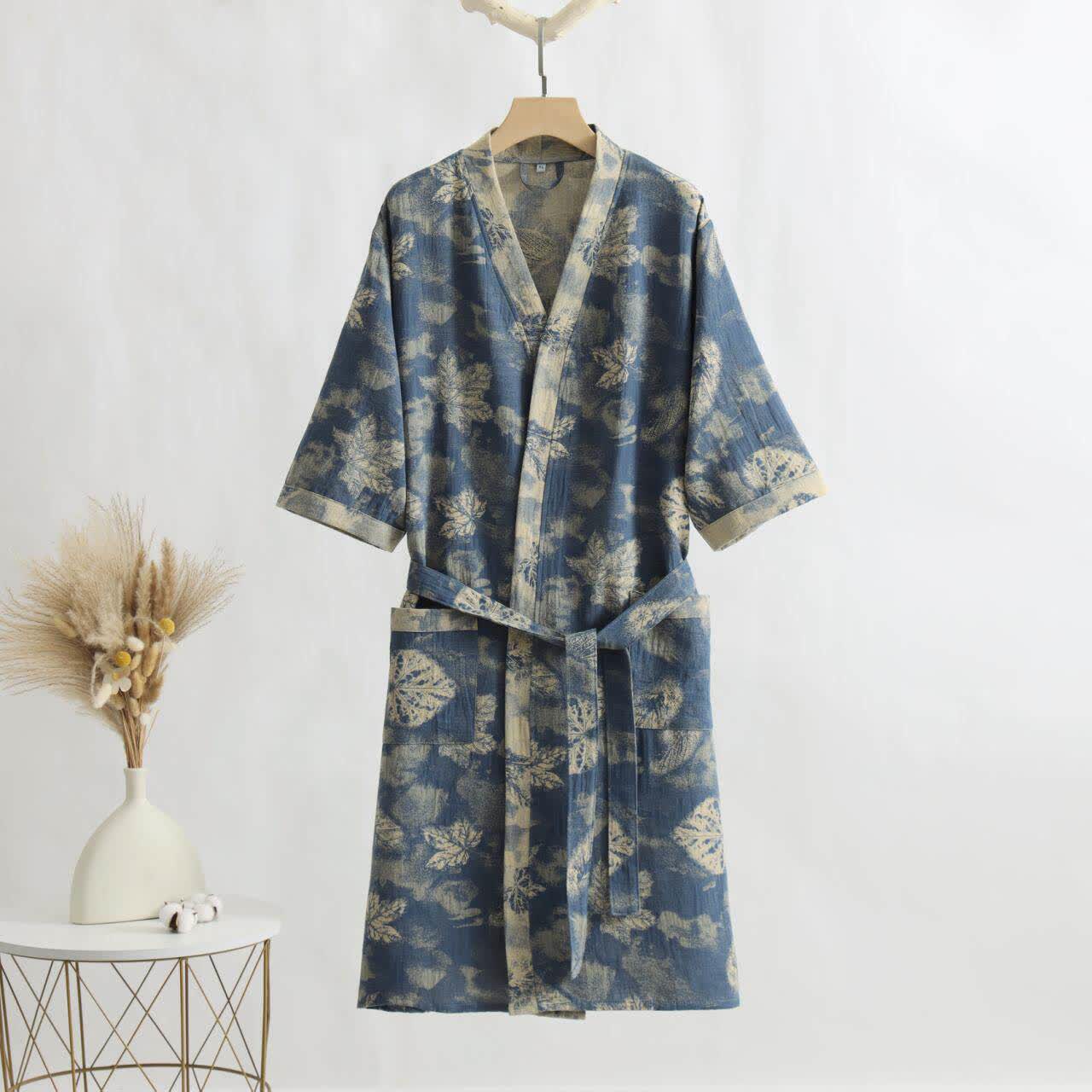 Ownkoti Maple Leaf Cotton Gauze Kimono Bathrobe - Blue - XL - image 0