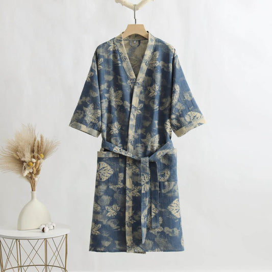 Ownkoti Maple Leaf Cotton Gauze Kimono Bathrobe - Blue - XL - image 0