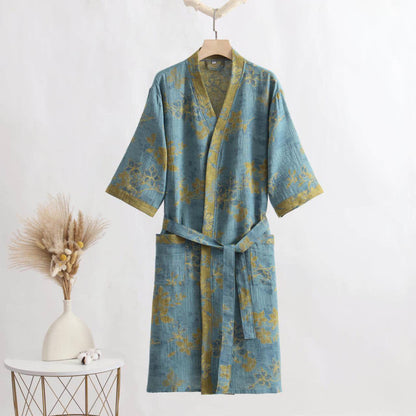 Ownkoti Blue Floral Cotton Gauze Kimono Bathrobe - Blue Green - XL - image 0