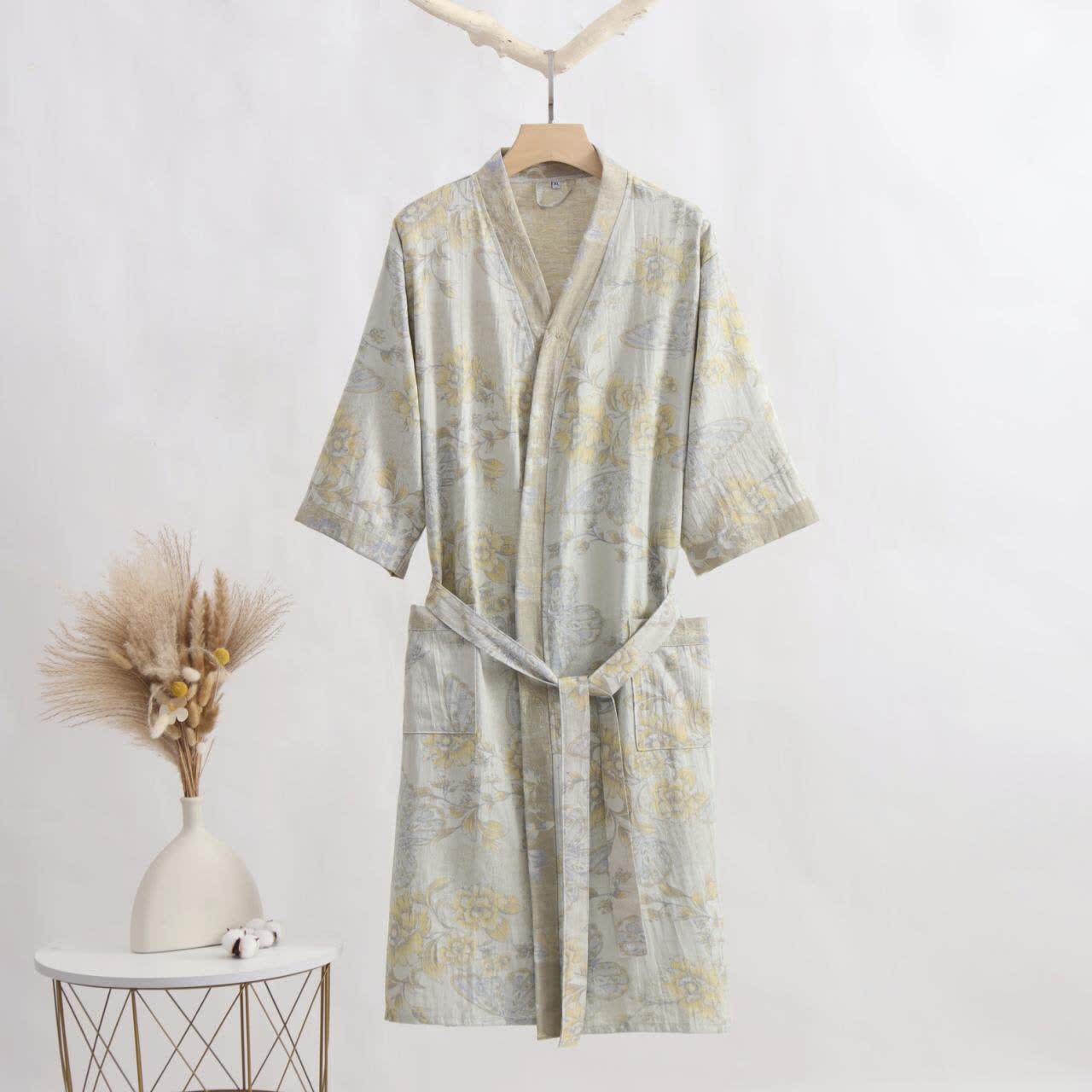 Ownkoti Floral Butterfly Cotton Gauze Kimono Bathrobe - Gray Green - XL - image 0