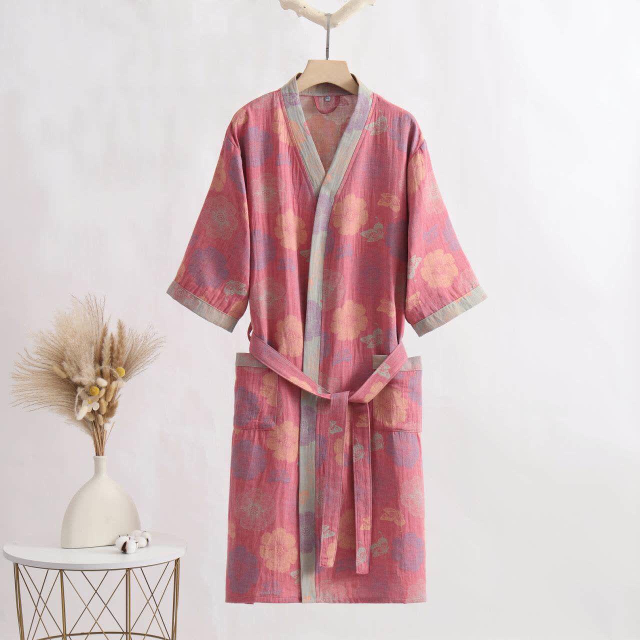 Ownkoti Pink Floral Cotton Gauze Kimono Bathrobe - Pink - XL - image 0