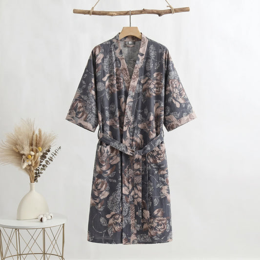 Ownkoti Floral Gauze Kimono Three-quarter Sleeve Bathrobe - Black - XL - image 0