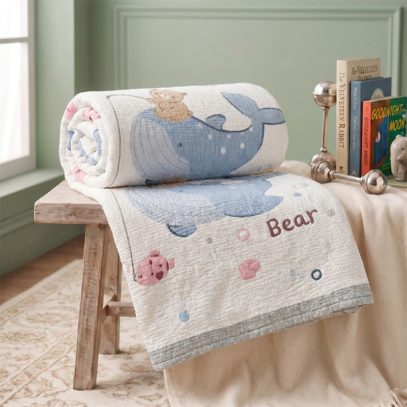 Ownkoti Whale and Bear Lyocell Quilted Baby Quilt - White - Twin - image 0