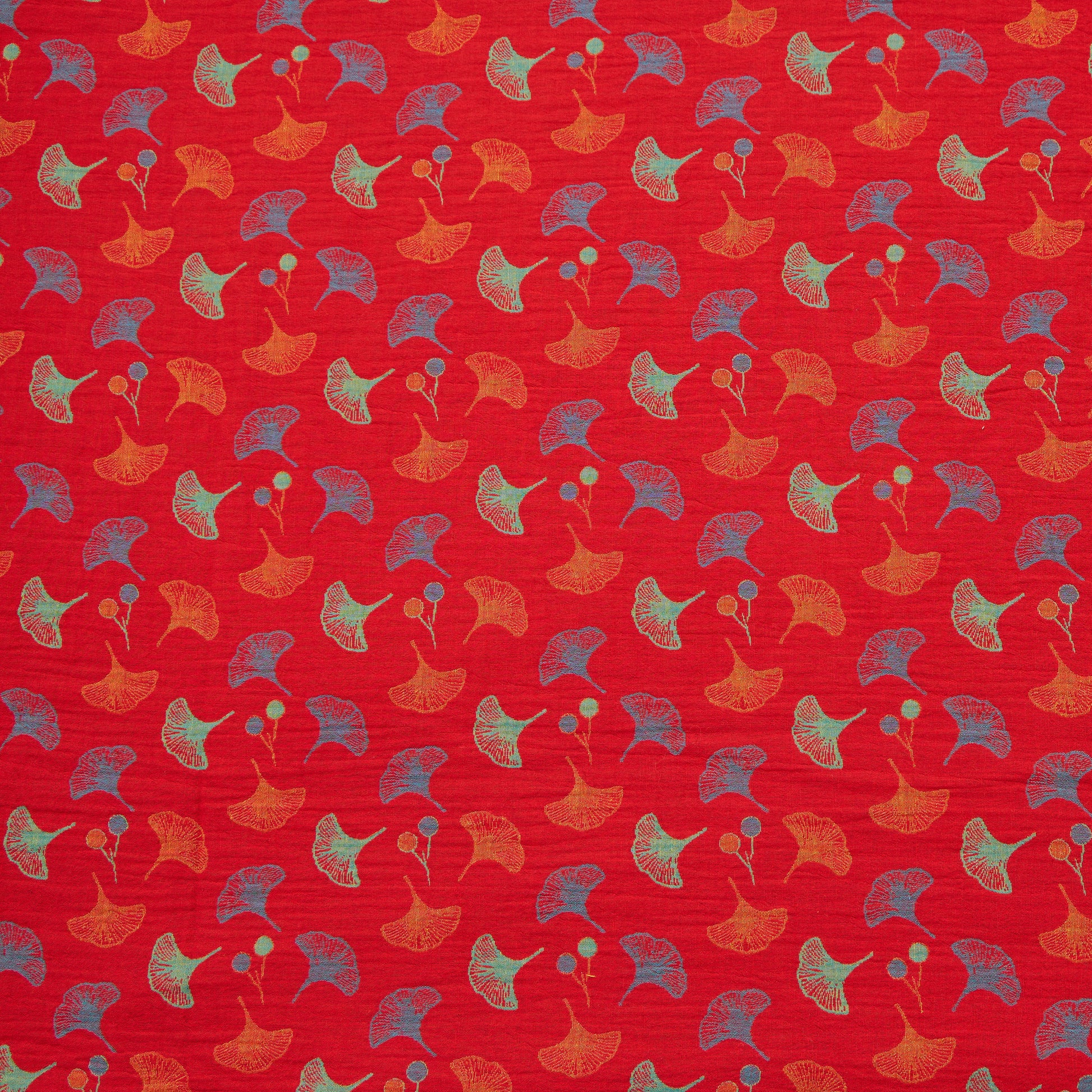 Ownkoti Ginkgo Leaf Cotton Jacquard Fabric - Red - Meter - 5M - image 0