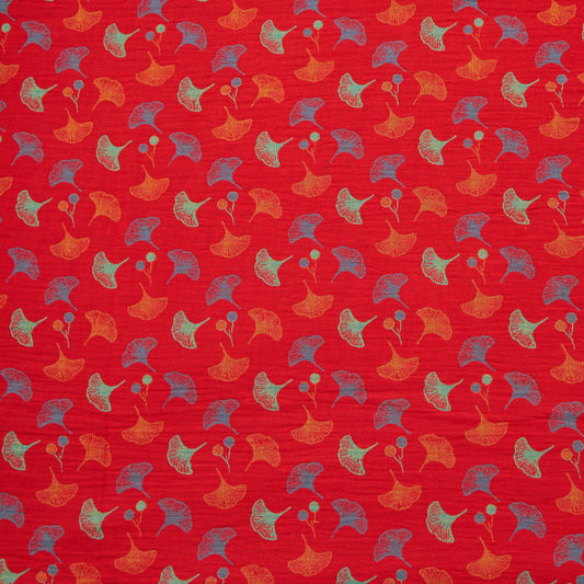 Ownkoti Ginkgo Leaf Cotton Jacquard Fabric - Red - Meter - 5M - image 0